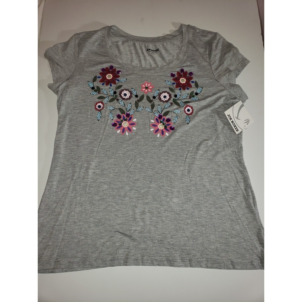 Woman's Joe Boxer Embellished Blouse Top Gray L Bohemian Jewels New